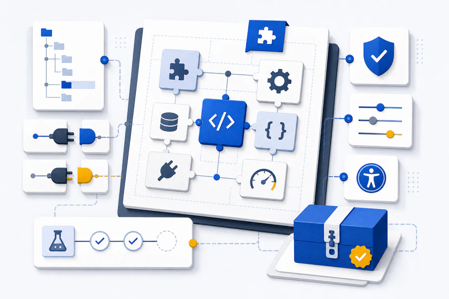 Layered blue-and-white plugin workbench linking folder structure, code, settings, security, accessibility, testing, and a packaged release.