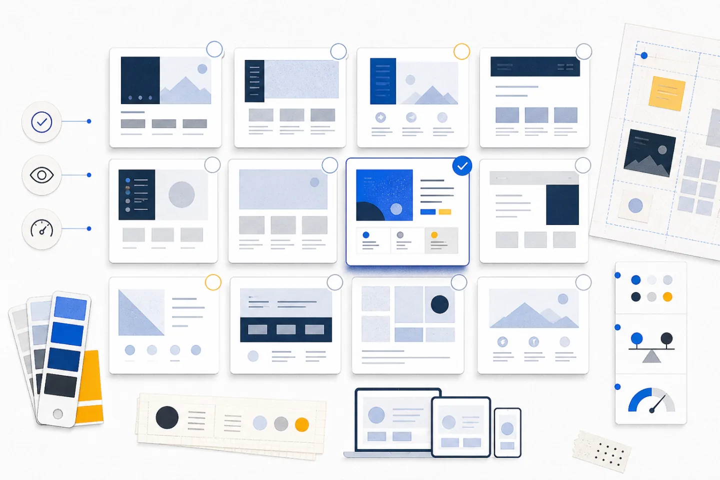 Abstract design workbench with elevated website layout cards, responsive device frames, color swatches, and a highlighted theme candidate in blue and amber.