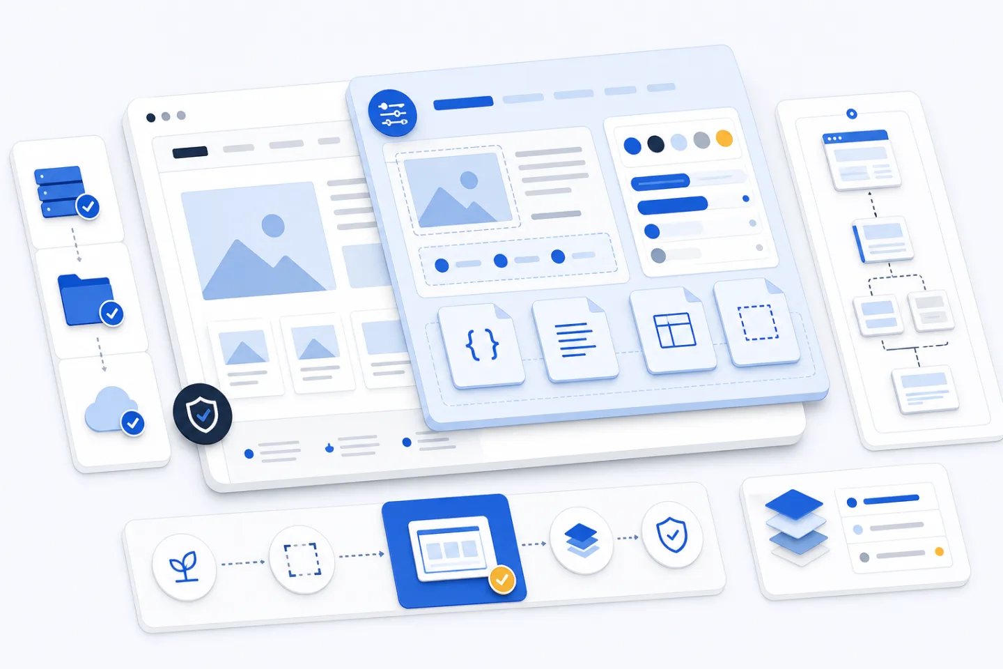 Layered material-design workbench showing a parent theme, an elevated child theme, modular theme files, backup checks, and a template hierarchy.