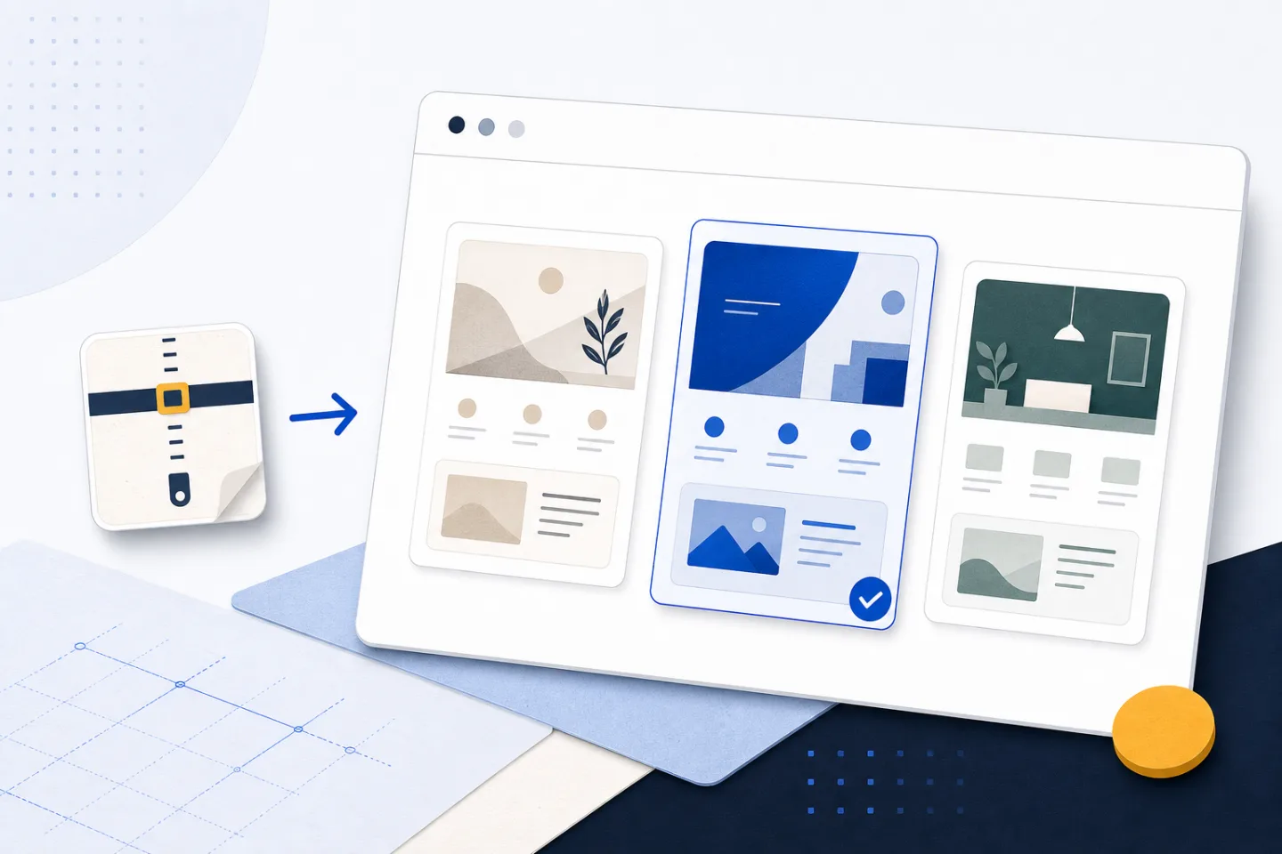 Material-style web design workbench showing a theme package moving toward three website previews, with the blue center preview selected.