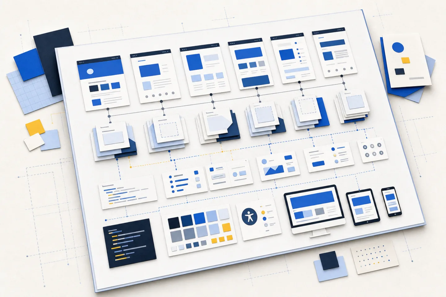 Abstract top-down theme-planning workbench with layered page templates, reusable component cards, color tokens, code strips, and responsive device layouts.